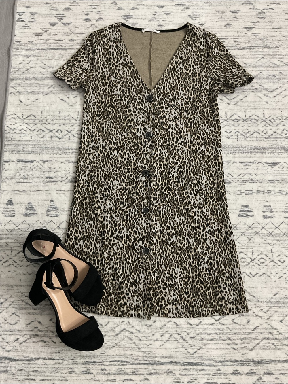 Mango Leopard Print Mini Dress Shirt + Delicious Century Block Heel Platform Set
